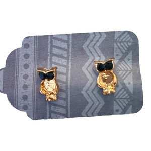 Gold Stud Owl Earrings with Black Jewel Eyes NWT